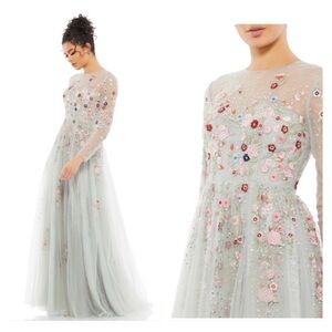 Mac Duggal 11241 NWT EMBROIDERED ILLUSION HIGH NECK LONG SLEEVE A LINE